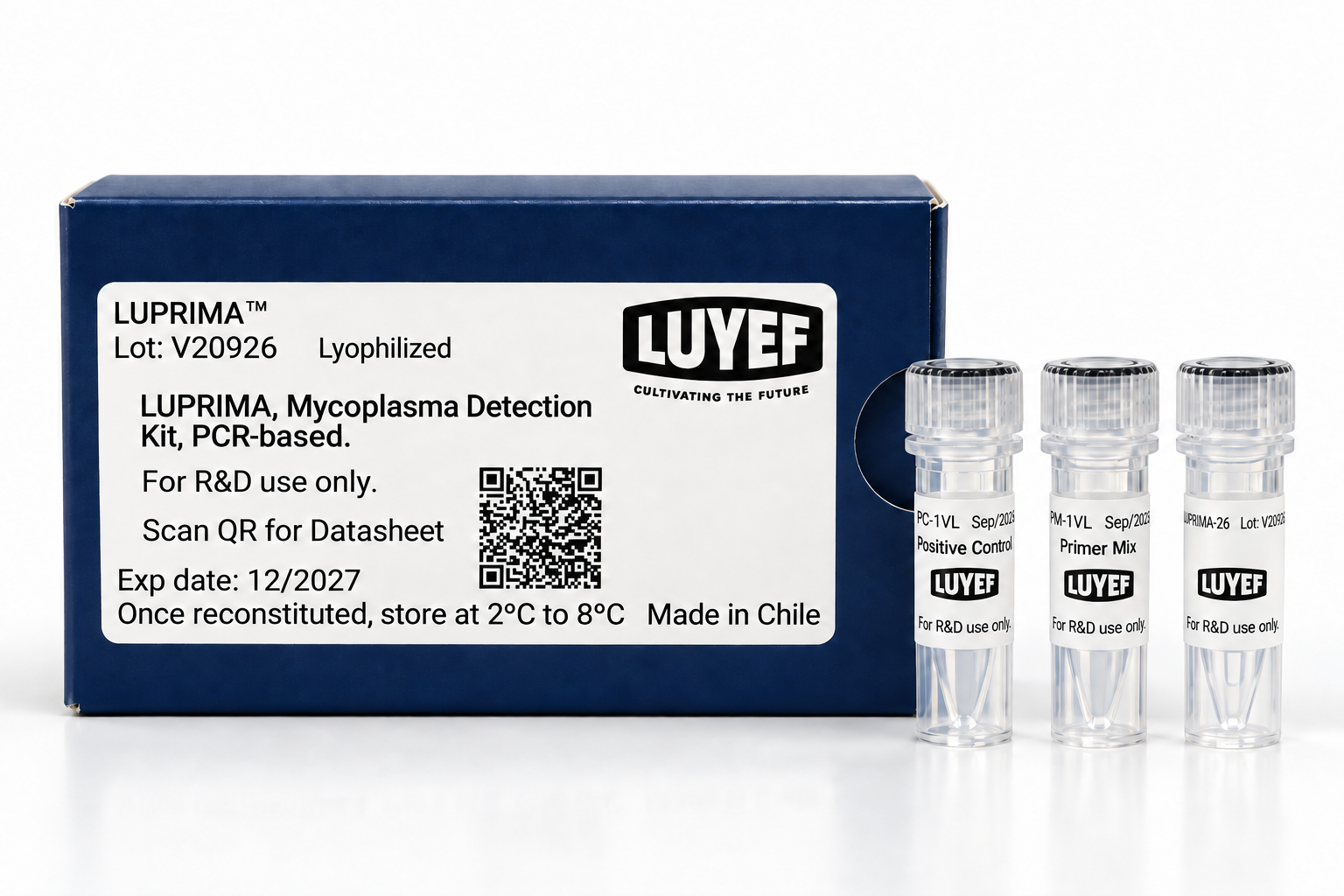LUPRIMA PCR-based Mycoplasma Detection Kit with blue packaging and three reagent tubes